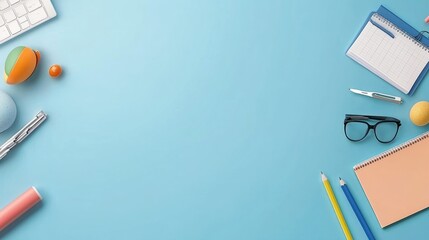 Modern Distance Learning Essentials: White Desk Computer and School Supplies on Blue Background for Text and Ads