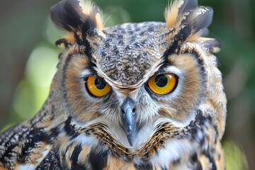 Obraz premium A stunning owl with striking yellow eyes and intricate feathers gazes intently, highlighting its beauty and grace in a natural outdoor setting.