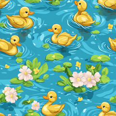 A playful pattern featuring cute yellow ducks swimming among lily pads and flowers in a vibrant blue pond.