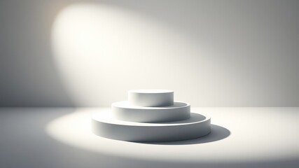 Obraz premium A minimalist, white podium with three tiers illuminated by a single beam of light, set against a backdrop of a clean, white wall.