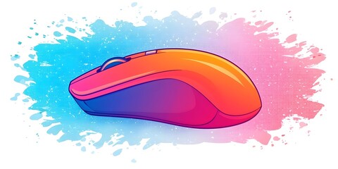 Obraz premium A sleek, modern computer mouse in vibrant orange and pink hues, set against a dynamic blue and pink splash background, highlighting its ergonomic design.