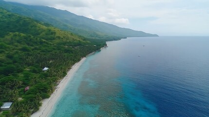 Aerial View of a Lush Green Mountain Coastline Meeting a Blue Ocean with a White Sandy Beach