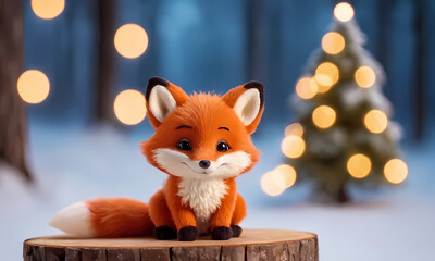 Cute Fox Christmas: An adorable, handcrafted fox figurine sits on a tree stump against a softly blurred background of a snow-covered forest and a twinkling Christmas tree.