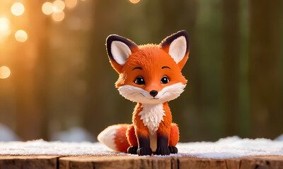 Adorable Fox Figurine in Winter Wonderland: A charming, cartoonish fox figurine sits serenely on a rustic wooden surface, dusted with snow, against a backdrop of soft, bokeh-filled winter forest.