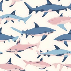 Obraz premium Colorful seamless pattern of various shark species swimming in an ocean-inspired design