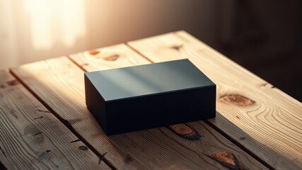 A simple black box rests on a wooden surface, bathed in soft, natural light. The box's smooth texture and minimalist design create a sense of elegance and anticipation.