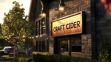Obraz premium Craft cider establishment welcomes visitors in a charming outdoor setting at sunset