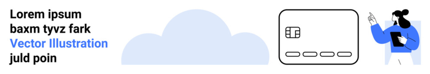 Person holding clipboard pointing to a box with icons, cloud in background, and placeholder text. Ideal for business presentations, data analysis, educational content, cloud computing, teamwork