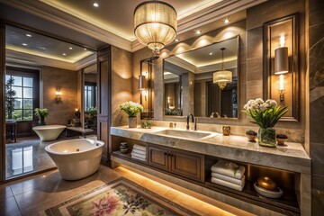 Luxurious Low Light Photography of a High-End Bathroom Featuring a Stylish Basin, Elegant Fixtures, and Soft Ambient Lighting for a Serene Atmosphere in a Modern Home
