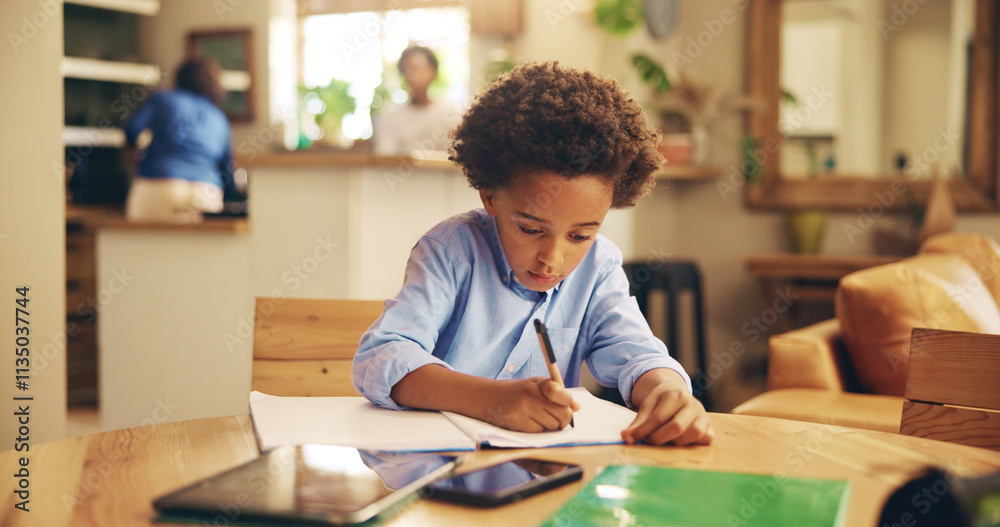 Poster writing, serious and child with notebook, home and boy with info, education and studying for exam. d