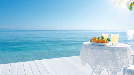 Obraz premium Table with Fresh Citrus Fruits and Juice on Wooden Deck by Sea. Sparkling Ocean Waves under Bright Sunlight. Refreshing Tropical Ambiance. Serene and Inviting Coastal Scene. AI generated