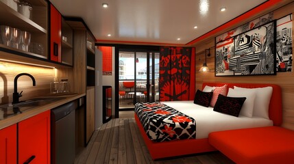 Modern Red and Black Cruise Ship Cabin Interior Design