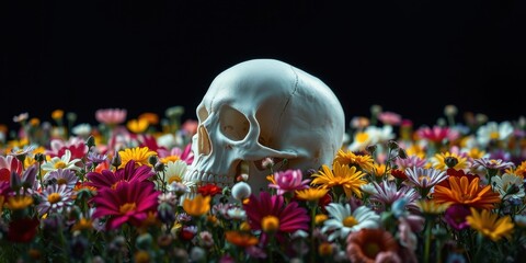 A human skull rests amidst a vibrant tapestry of colorful wildflowers, a stark contrast of life and death in a single frame.