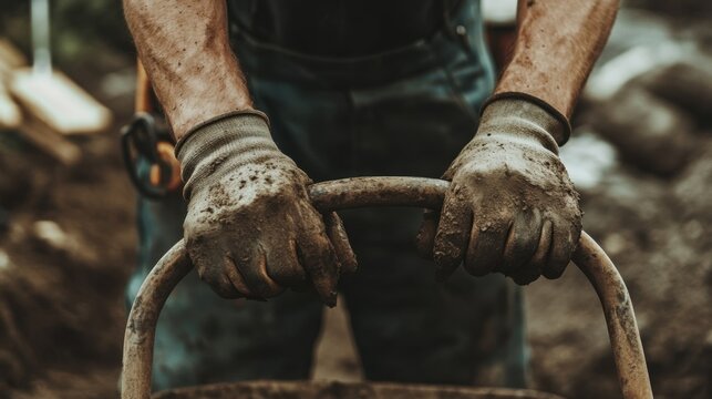 A close-up shot of a construction worker's hands gripping the handles of a wheelbarrow, dirt and calluses visible