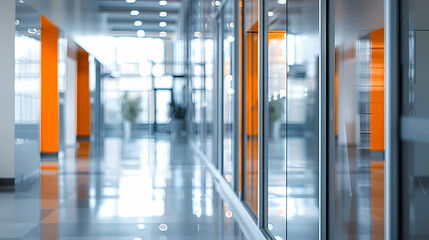 Modern Office Corridor:  A sleek and minimalist office corridor with glass walls and orange accents, creating a sense of openness and professionalism.