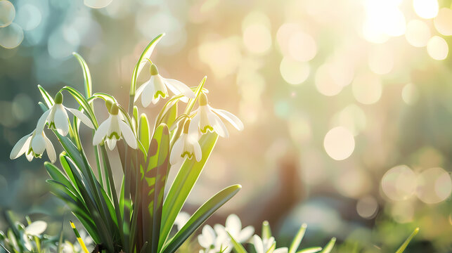 Snowdrops in the Spring Sunlight: Delicate white snowdrops bloom in the soft glow of the sun, signifying the arrival of spring and new beginnings.