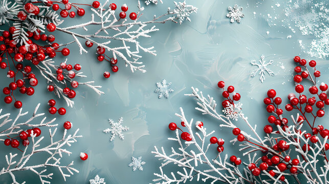 Winter Wonderland Festive Arrangement: Red berries and snow-dusted branches create a charming winter scene, perfect for holiday cards, festive decorations, or winter-themed projects.