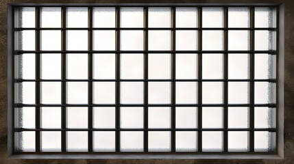 Frosted Glass Window with Bars in a Dimly Lit Prison Environment