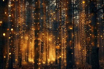 Naklejka premium A serene forest at twilight is filled with glowing lights hanging from trees, creating a mystical ambiance among the dark foliage.