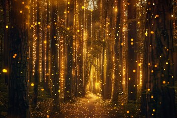 Fototapeta premium A winding path through a dense forest glows with countless sparkling lights, creating a magical atmosphere that beckons visitors during twilight.