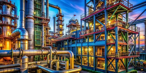 Fototapeta premium Macro Photography of Industrial Landscape Featuring BASF Ludwigshafen's Chemical Complex, Capturing Details of Architecture, Pipes, and Nature Intertwined in an Urban Environment