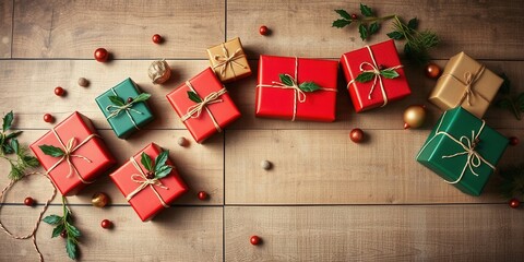 A rustic wood surface adorned with a festive arrangement of wrapped gifts in red and green, tied with twine and adorned with sprigs of holly, a perfect visual representation of holiday cheer.