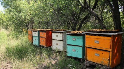 Bee hives supporting pollination on eco-friendly farm