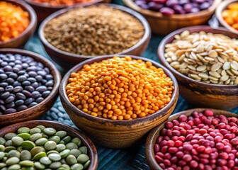 Obraz premium Macro Photography of Raw Split Dried Hyacinth Lentils Showcasing Their Unique Textures and Colors for Culinary and Nutritional Uses in a Natural Setting