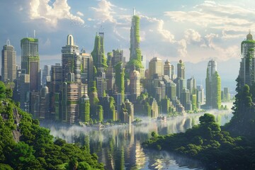 Naklejka premium The vibrant city features towering skyscrapers covered in greenery, harmoniously blending nature with urban life, set beside a tranquil river on a sunny day.