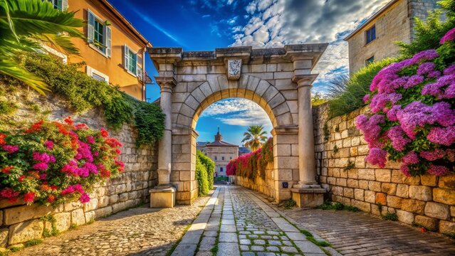 Macro Photography of the Historical Land Gate in Zadar, Croatia, Showcasing Intricate Architectural Details and Weathered Textures with a Focus on Stonework and Surrounding Flora