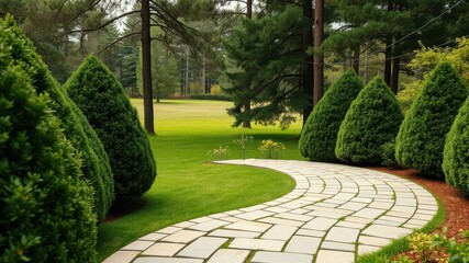 Obraz premium A winding stone pathway meanders through a manicured landscape, passing rows of trimmed evergreen shrubs, leading towards a verdant open field framed by towering trees.