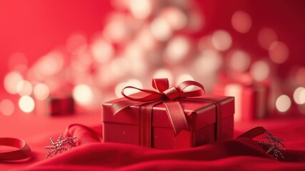 Obraz premium Red gift box with a satin bow resting on a red fabric with snowflake ornaments and bokeh lights in the background.