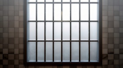 Frosted Glass Prison Window with Vertical Bars and Isolation Effects