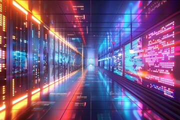 Obraz premium A corridor in a high-tech data center is illuminated with colorful lights, emphasizing the advanced systems. The space reflects a blend of technology and design within a modern atmosphere.