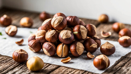 Fototapeta premium Discover hazelnut images for snacks, baking, and creative food designs. Perfect for healthy recipes and nut-based projects.