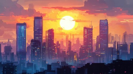 Fototapeta premium Vibrant Sunset Over Modern City Skyline with Beautiful Colors