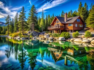 Obraz premium Majestic Architectural Wonders by Lake Tahoe: Captivating Homes and Structures Surrounded by Stunning Natural Beauty and Serene Waters of the Sierra Nevada Mountains
