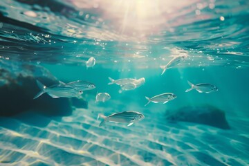 Fototapeta premium Schools of fish swim gracefully through clear turquoise water, illuminated by sunlight filtering from above, showcasing the beauty of marine life.