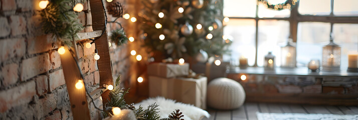 A Christmas reading corner with a large bookshelf, decorated tree, and soft lighting, perfect for holiday stories