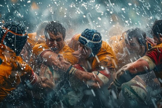 Players in yellow jerseys collide during an intense rugby match in heavy rain, showcasing determination and teamwork on a muddy field in a thrilling tournament.