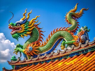 Fototapeta premium Majestic Chinese Dragon on a Traditional Roof Under a Clear Sky, Symbolizing Strength and Good Fortune, Perfect for Cultural and Architectural Themes