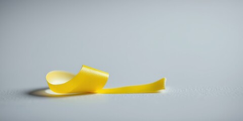 A single yellow ribbon delicately curled on a plain grey background, capturing a moment of simplicity and elegance.