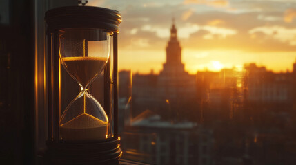 Hourglass on windowsill during sunset concept of time passing