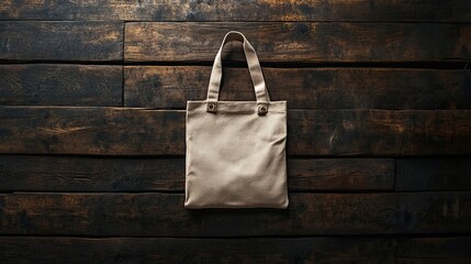 Beige Tote Bag on Dark Wooden Background