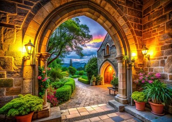 Fototapeta premium Majestic Entrance to a Historic Church Surrounded by Lush Greenery, with Beautiful Arched Doorways and Stone Facades, Inviting Visitors to Experience Spiritual Serenity