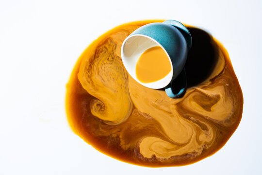 A green teacup on its side with creamed coffee spilling out into a round puddle on a white table