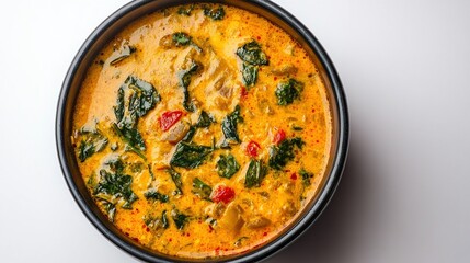 Close-up of egusi soup showing creamy texture and vibrant ingredients.