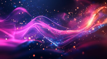 Obraz premium Abstract glowing wave with vibrant pink, blue, and orange light trails and sparkling particles on dark background.