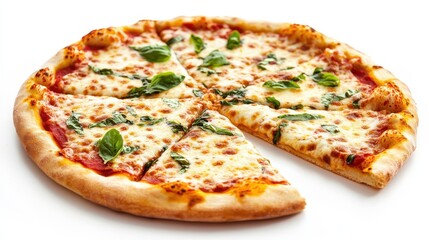 Deliciously Baked Margherita Pizza with Fresh Basil Leaves and Melted Cheese Slices on a White Background, Perfect for Gastronomy and Culinary Photography