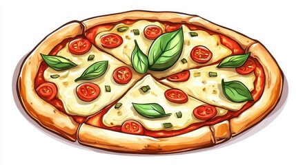 Delicious and Flavorful Margherita Pizza with Fresh Basil Leaves, Mozzarella Cheese, and Cherry Tomatoes on a Round Wooden Plate